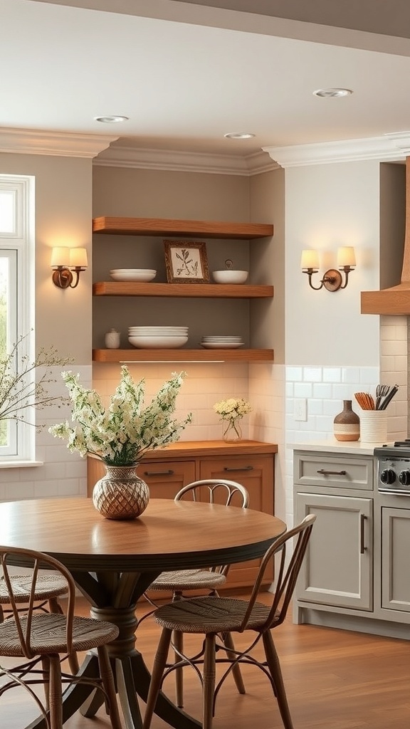 A cozy kitchen with wall sconces illuminating wooden shelves and a dining table.