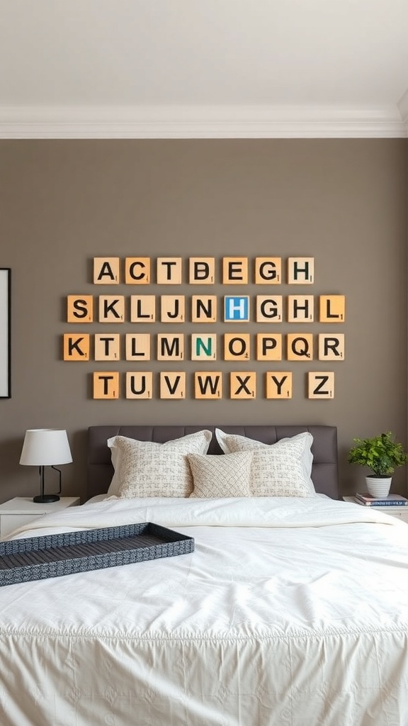 Scrabble tile alphabet art displayed on a wall above a bed