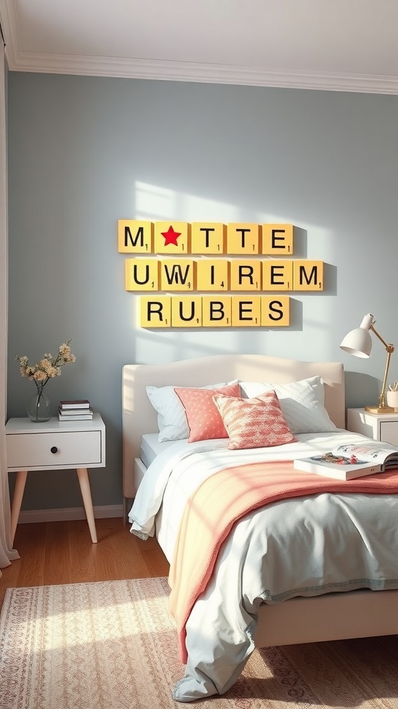 A cozy children's bedroom featuring Scrabble tile art on the wall spelling out words, with a bed and bedside table.