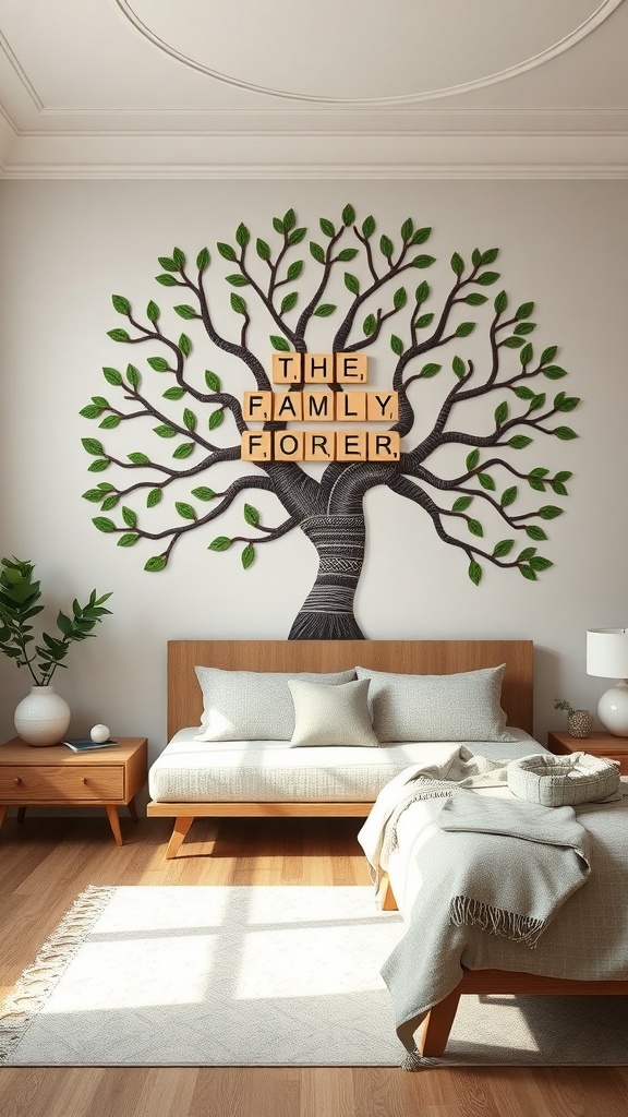 Scrabble tile family tree wall art with the words 'THE FAMILY FOREVER' displayed on a tree design.