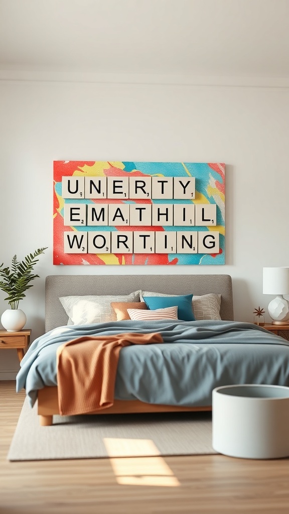 Colorful Scrabble tiles arranged on a wall with motivational words