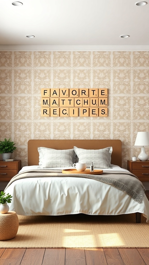 A cozy bedroom with Scrabble tiles spelling 'FAVORITE MATTCHUM RECIPES' on the wall.