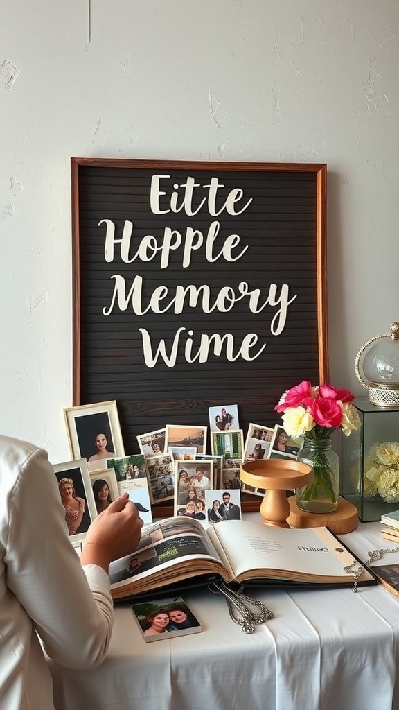 A scrapbook station with an open scrapbook, photo frames, and flowers, set up for a bridal shower activity.