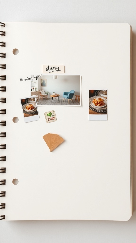 A decorated diary page with photos of a cozy living room and food, along with handwritten notes.