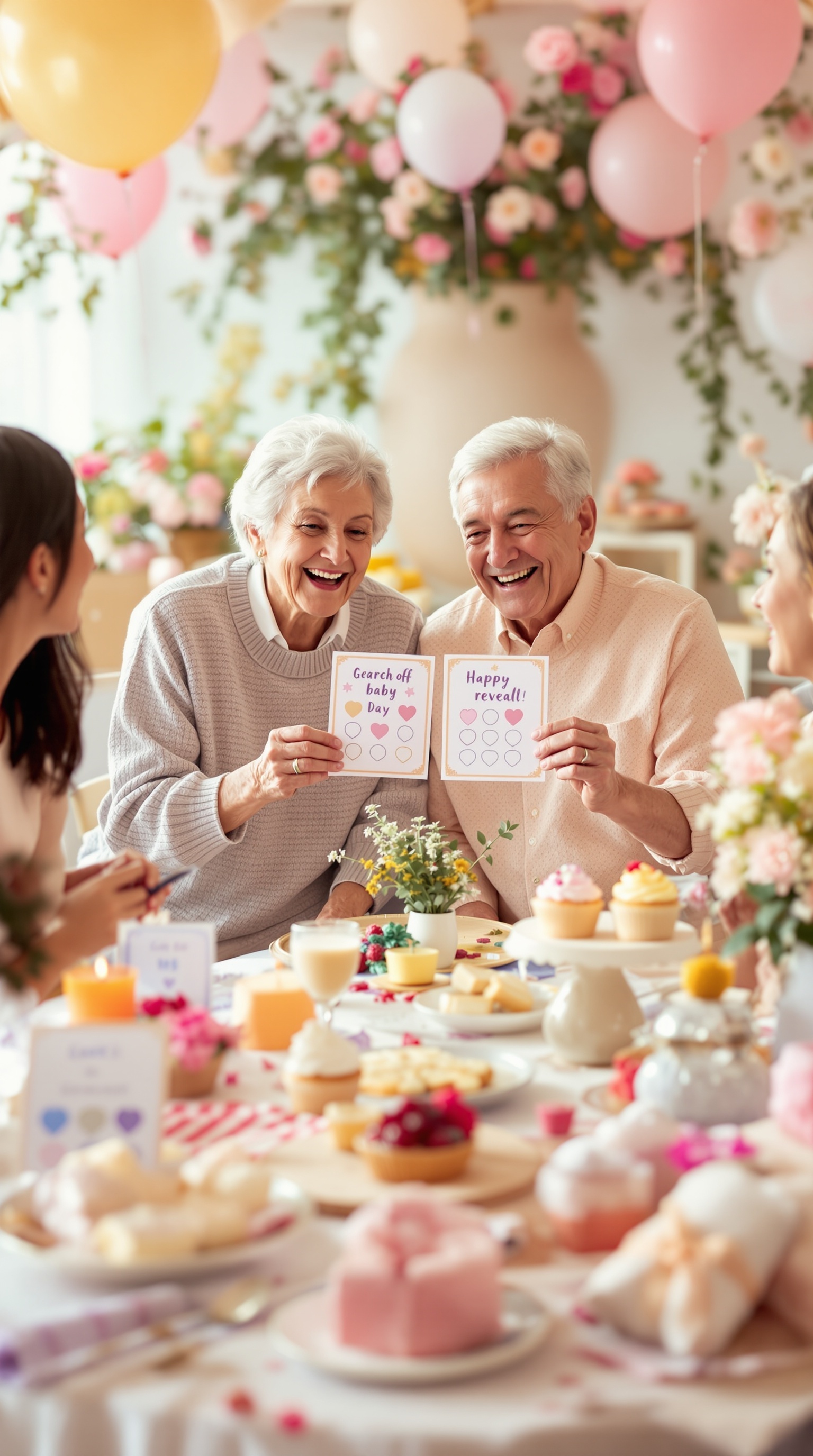 Grandparents holding scratch-off cards at a gender reveal party, smiling with excitement.