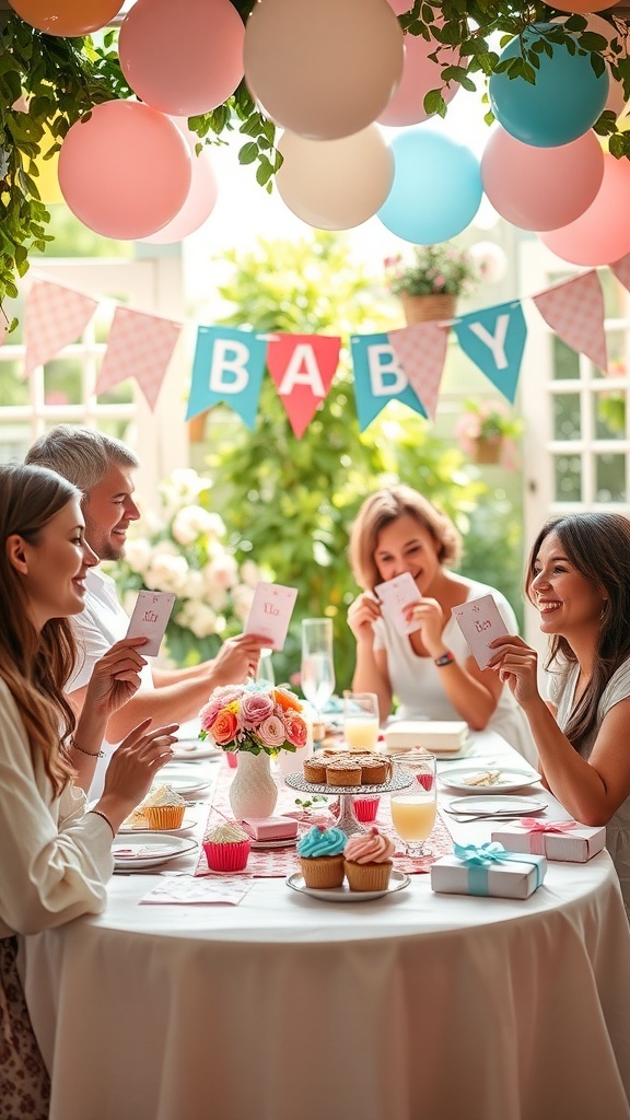 A family gathering with scratch-off cards for a gender reveal party, featuring decorations and treats.