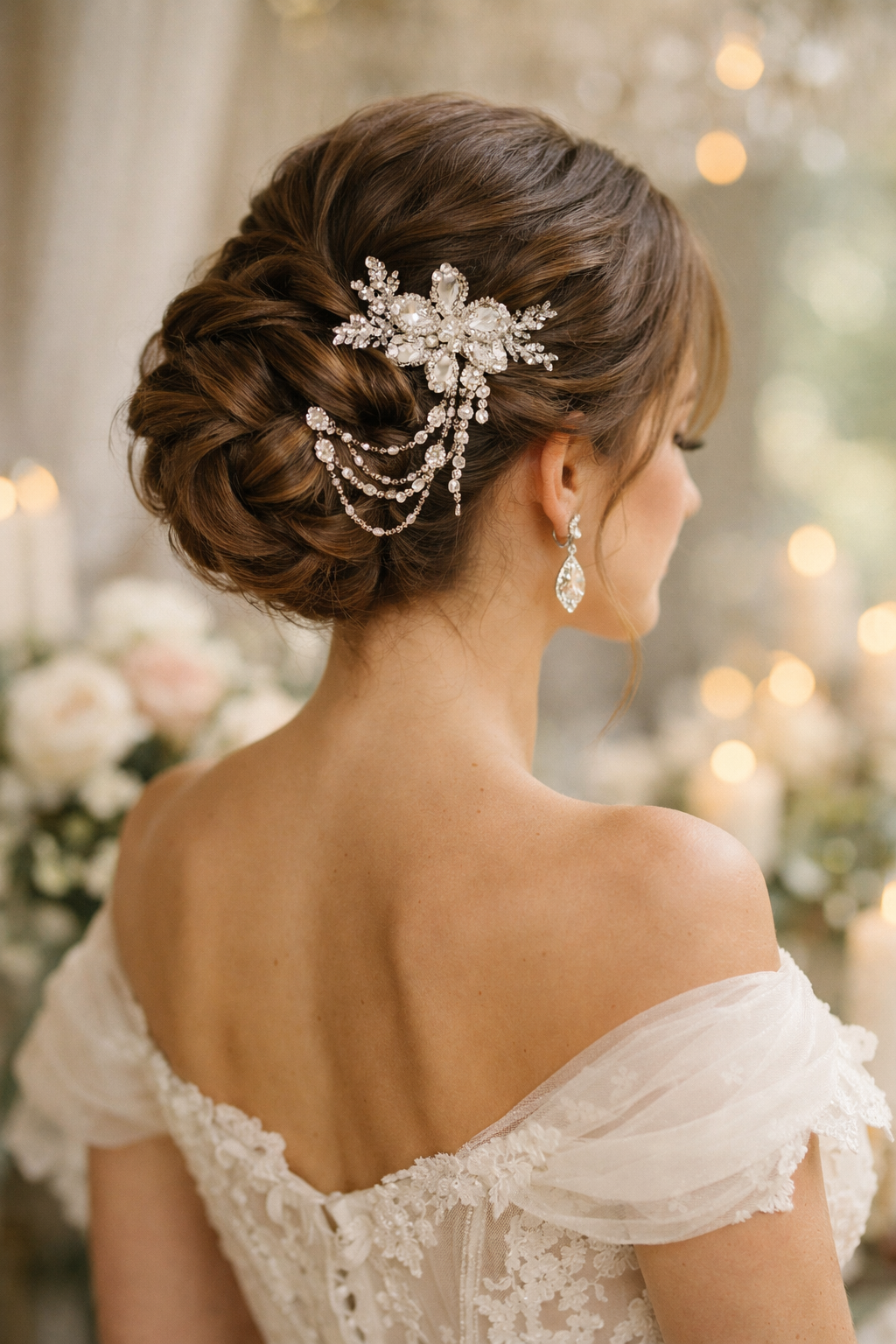 A close-up view of an elegant sculpted updo hairstyle adorned with a floral accessory, suitable for a wedding guest.