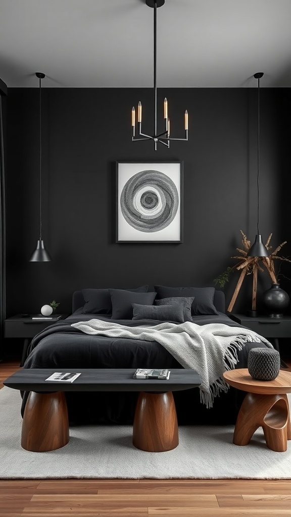 A stylish black bedroom featuring sculptural decor elements, including unique coffee tables and modern lighting.