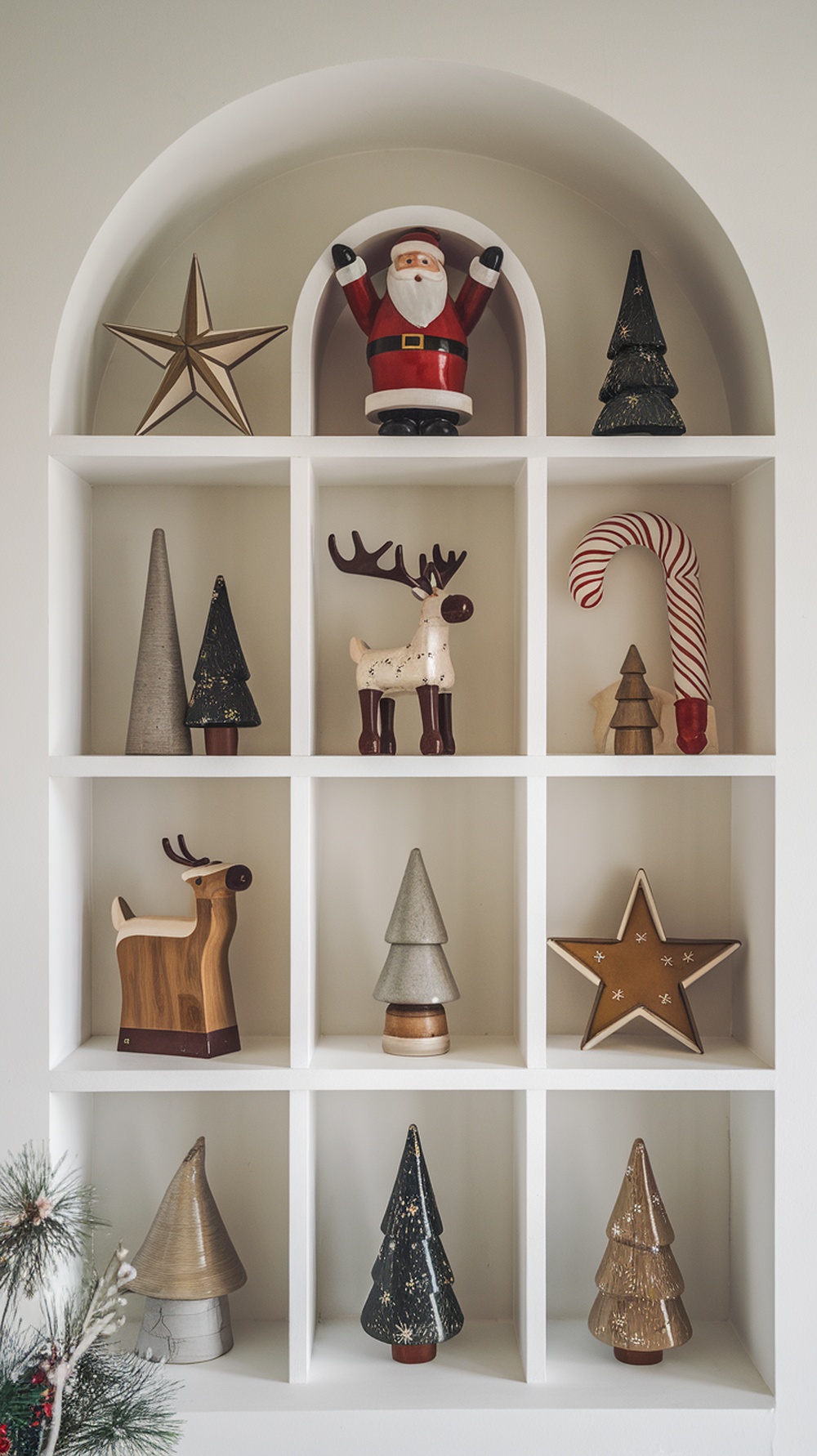 A display of sculptural Christmas figures including Santa, reindeer, and decorative trees arranged in a shelf.