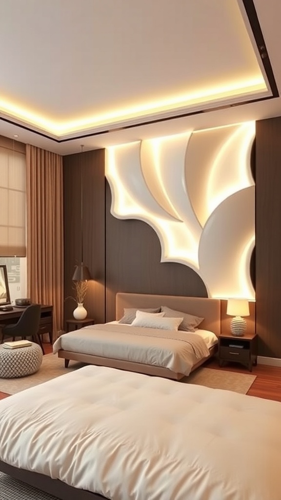 A modern bedroom featuring a sculptural LED wall installation with soft curves and warm lighting.