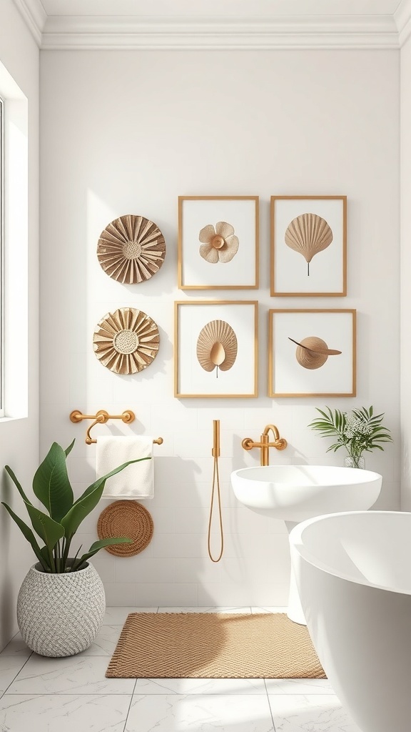A modern bathroom featuring sculptural wall art pieces in neutral tones, framed in gold, with a plant and a bathtub.