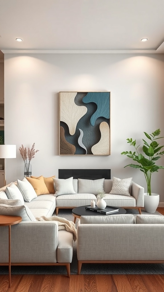 A living room featuring sculptural wall art with flowing shapes in earthy tones.