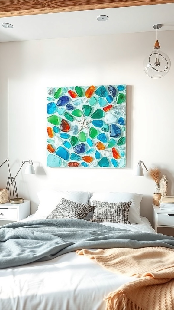 A colorful seaglass mosaic artwork displayed above a bed, featuring various shades of blue, green, and orange glass pieces.