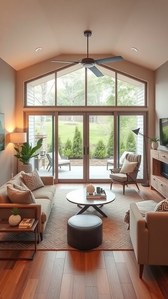 Cozy mid-century modern living room with large windows and a view of greenery outside.