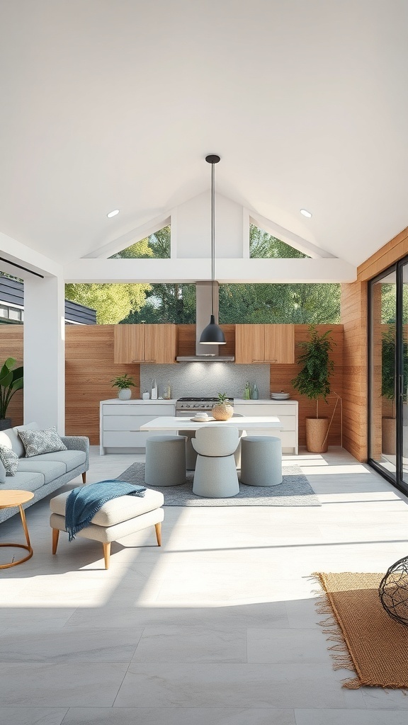 A modern kitchen with large glass doors leading to an outdoor space, featuring natural wood accents and a bright, airy atmosphere.