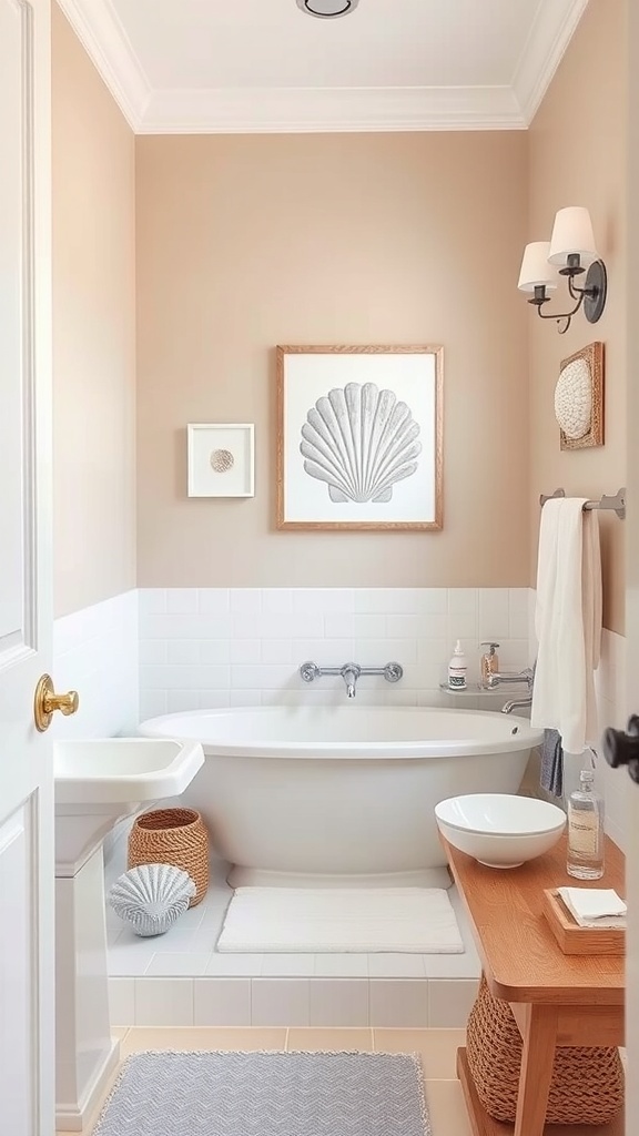 Coastal bathroom with seashell-inspired accents, featuring framed shell art, a white bathtub, and wooden decor.