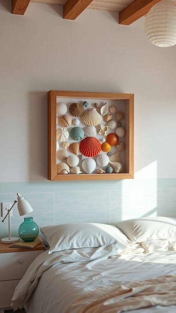 A collection of colorful seashells framed on a wall above a bed in a cozy room.