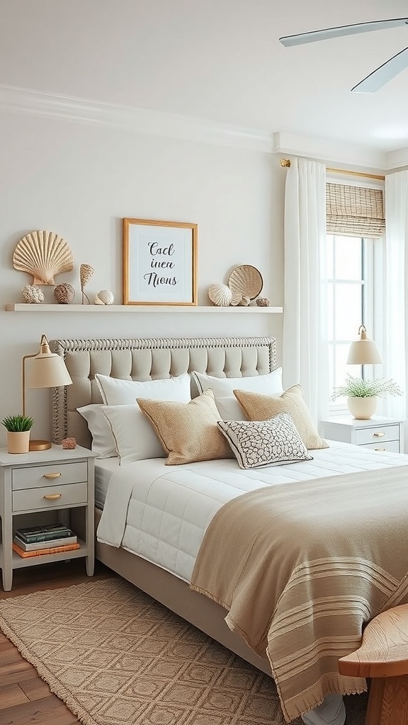 Coastal teen bedroom with seashell decor accents on a shelf above the bed