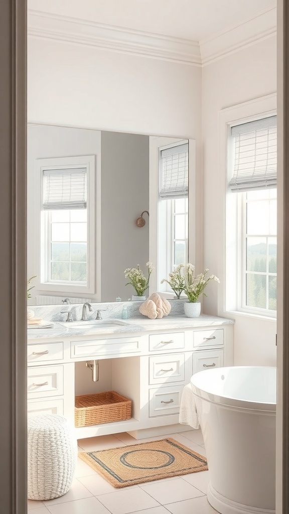 A bright and airy coastal bathroom with a spacious vanity area, marble countertop, and natural decor elements.