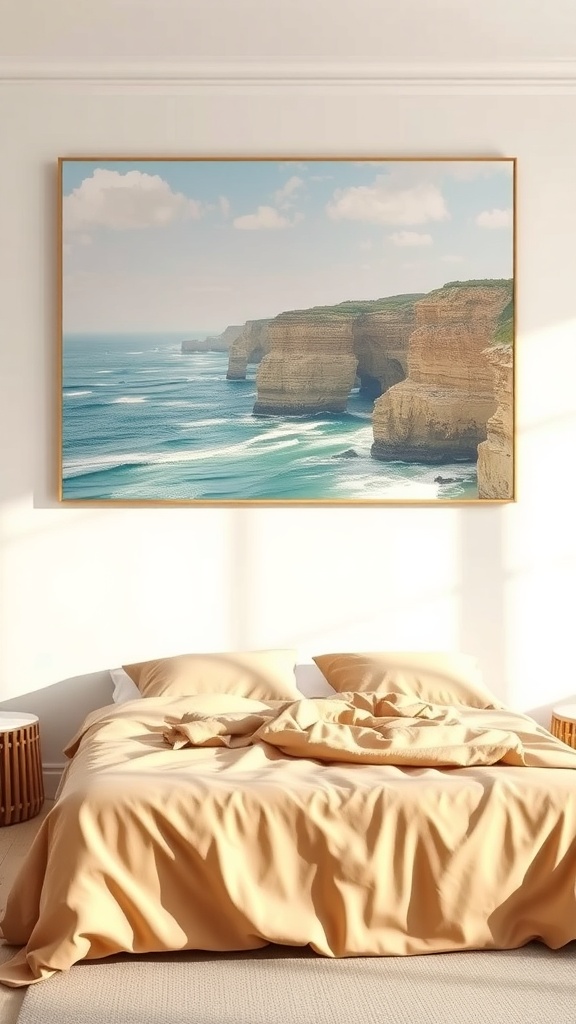A beautiful coastal landscape featuring cliffs and waves, displayed as wall art in a cozy bedroom.
