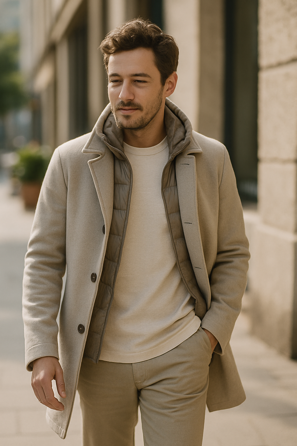 A man walking outdoors dressed in a layered, neutral-toned outfit that reflects minimalist fashion.