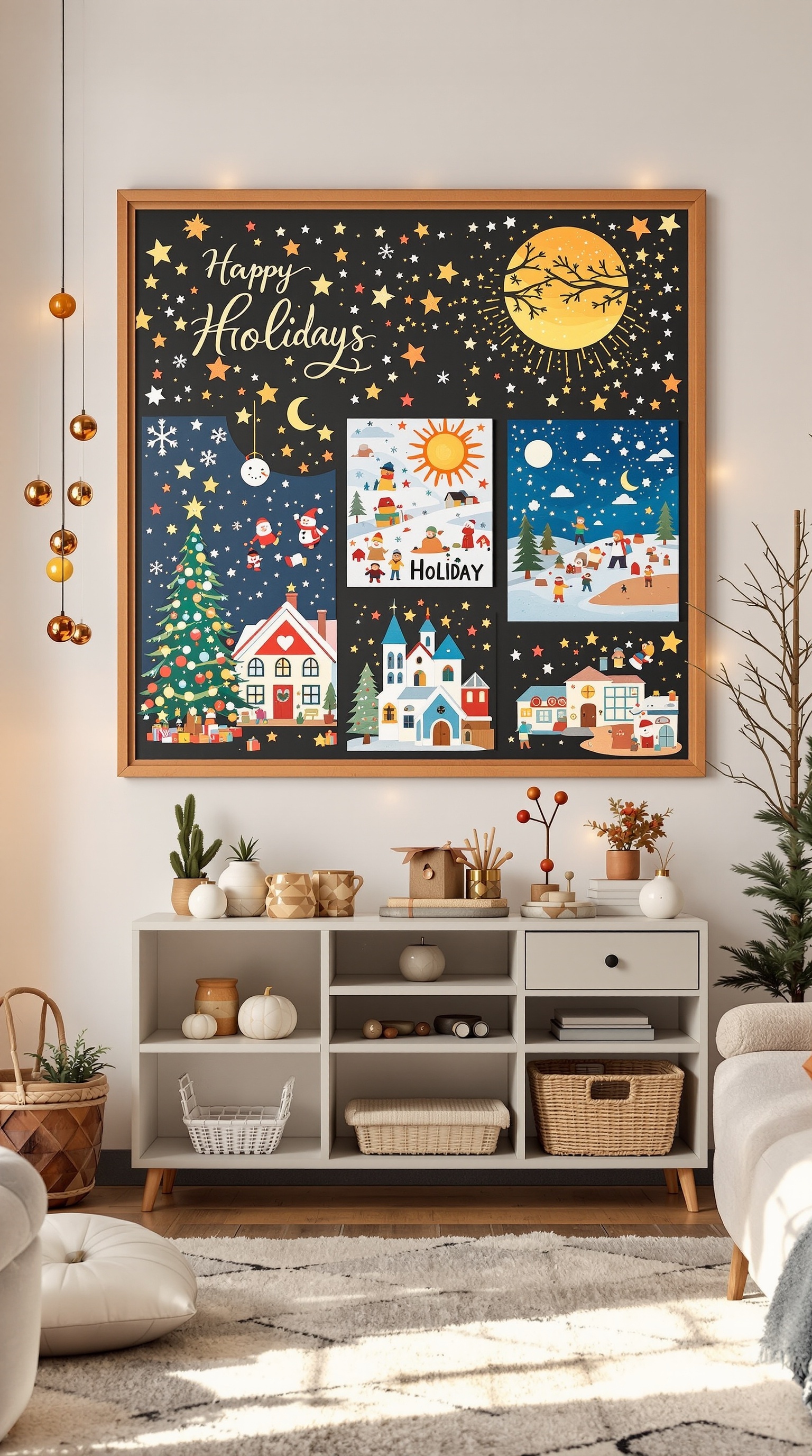 A colorful display of kids' holiday artwork framed on a wall, featuring festive themes like snowmen and Christmas trees.