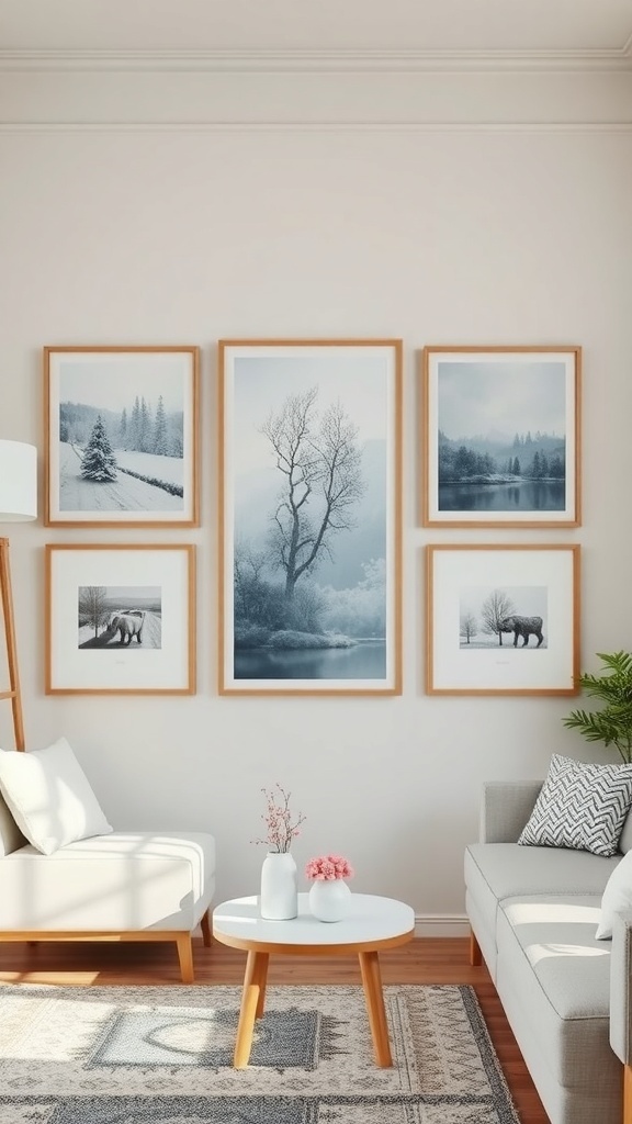 A cozy living room with winter-themed artwork on the wall, featuring snowy landscapes and wildlife.
