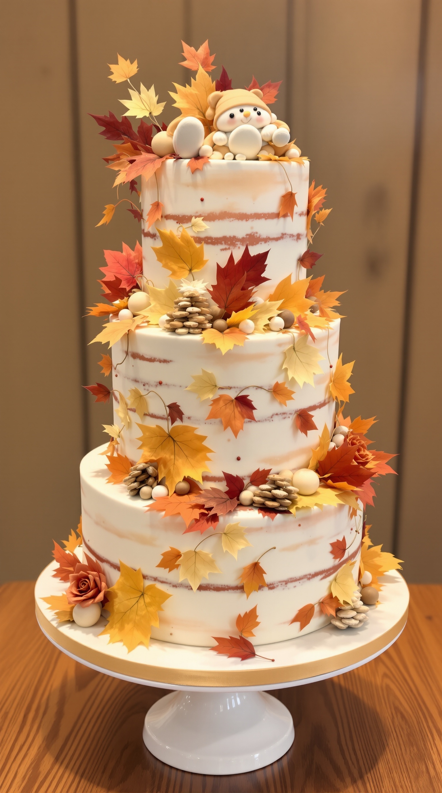 A beautifully decorated two-tier cake with autumn leaves and flowers, set on a table with fall-themed decorations.
