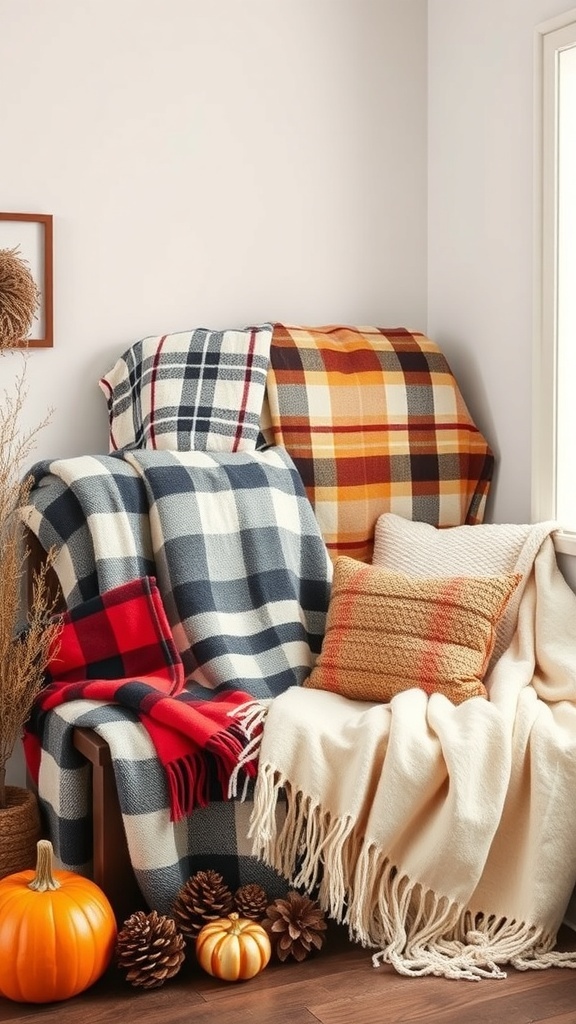 A cozy arrangement of seasonal blankets in warm colors, with pumpkins and pinecones for decoration.