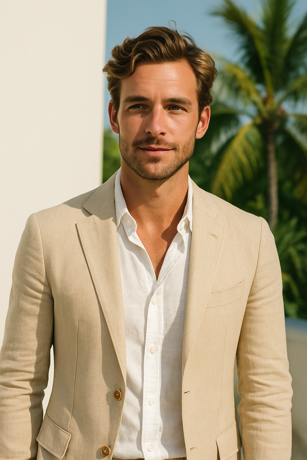 Four stylish men showcasing various seasonal blazer outfits suitable for different occasions.