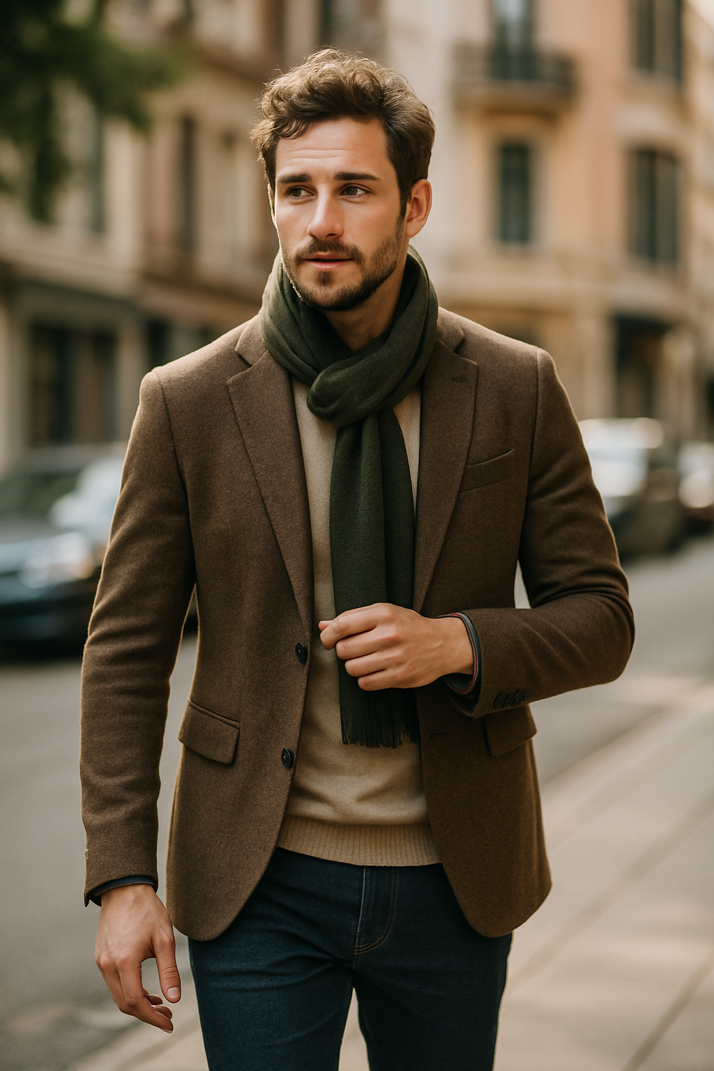 A man wearing a brown blazer and green scarf walking in the city.