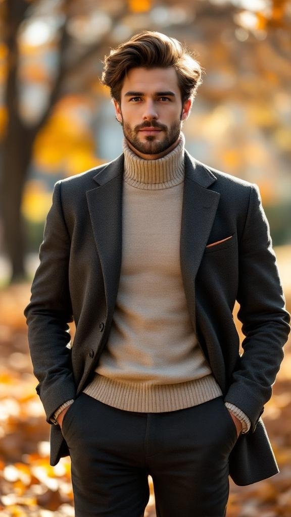 A man in a dark blazer and light turtleneck sweater standing outdoors with autumn leaves in the background.