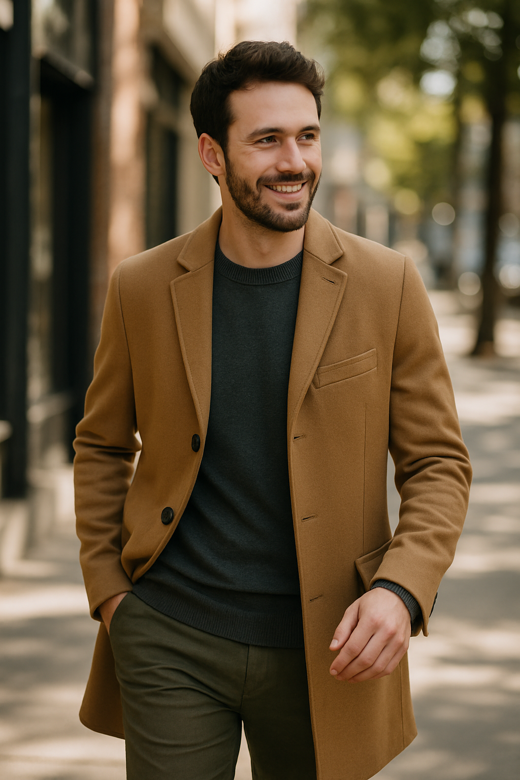 A man in a brown coat and dark sweater walking outdoors, showcasing a stylish business casual outfit.