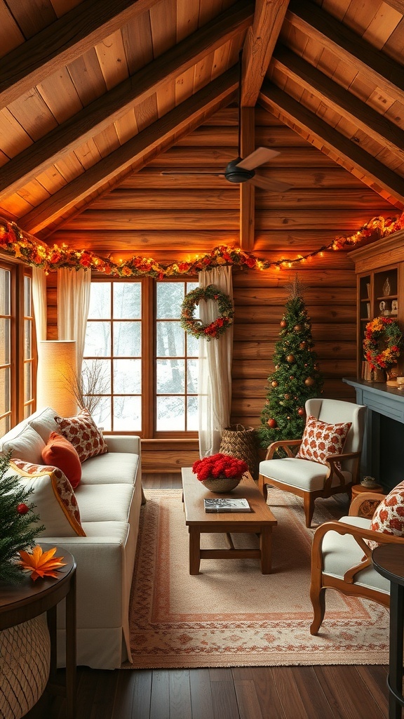Cozy cabin interior with wooden walls, decorated for the season with a Christmas tree, wreath, and warm lighting.