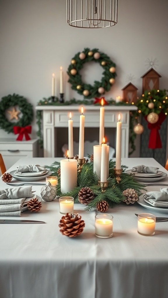 A cozy winter table setting with candles, pine cones, and festive decorations.