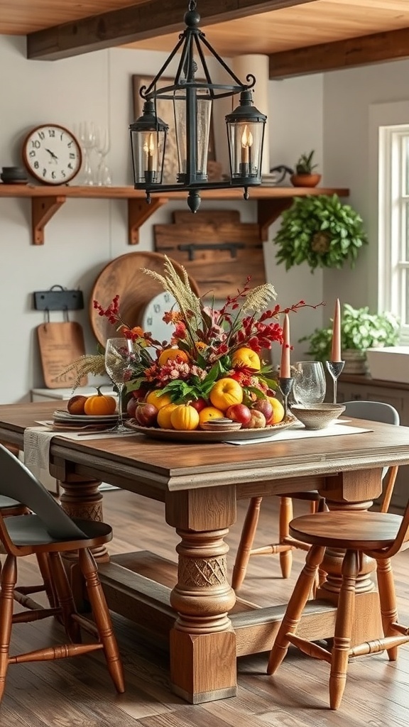 A rustic farmhouse kitchen with a wooden table featuring a seasonal centerpiece of fruits and flowers.