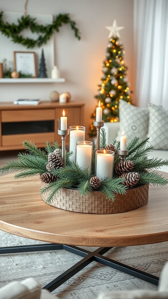 A winter living room centerpiece with candles, pinecones, and greenery on a coffee table.