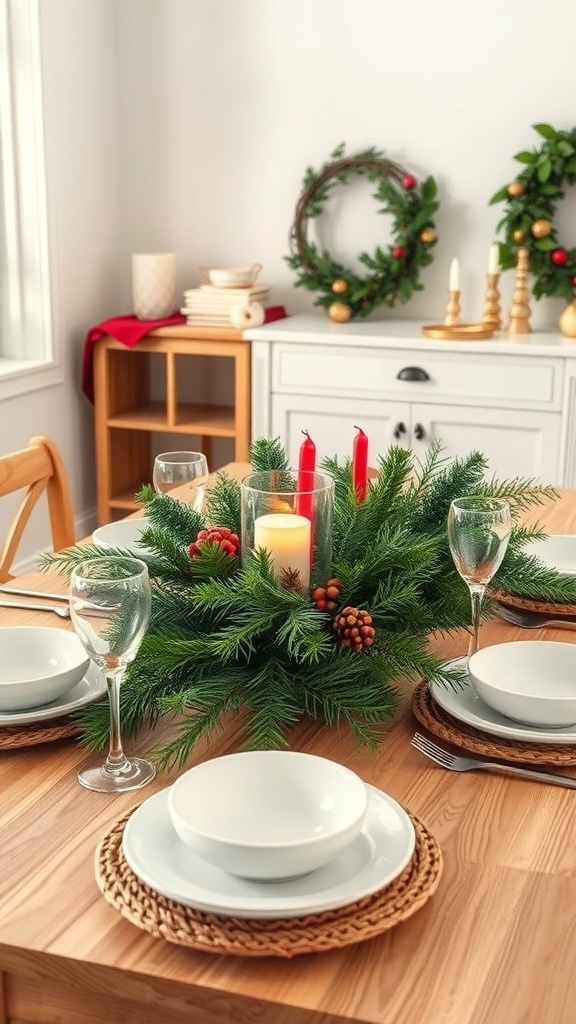 A cozy Christmas dining table centerpiece with greenery, candles, and festive decorations.