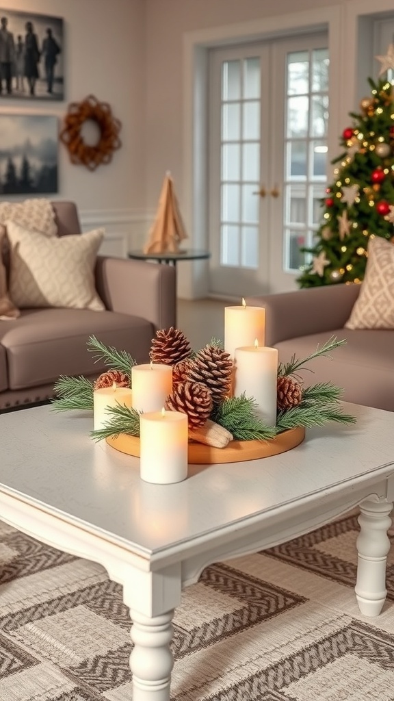 A cozy Christmas living room centerpiece featuring candles, pinecones, and greenery on a wooden tray.
