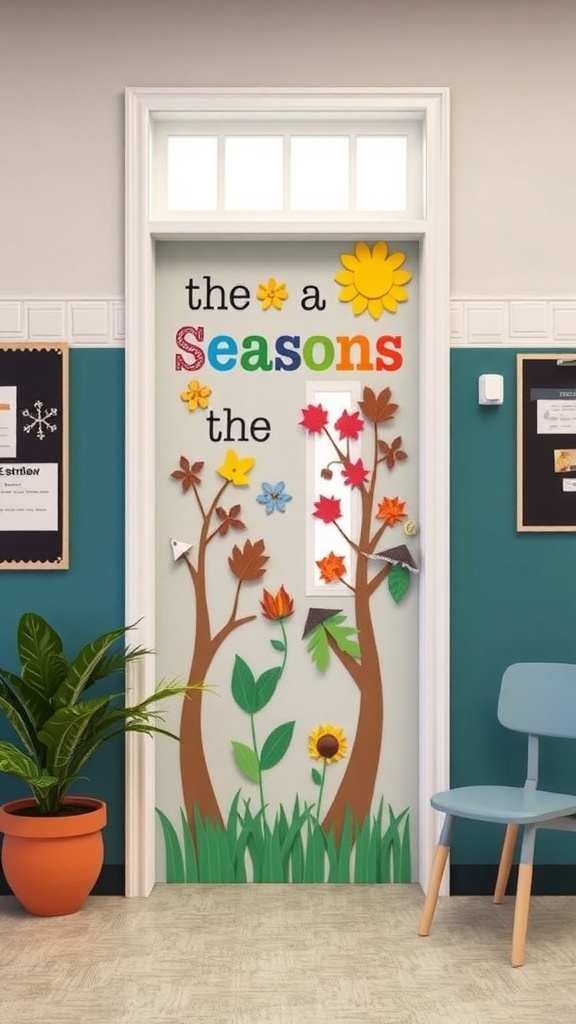 A classroom door decorated with seasonal themes, featuring flowers, leaves, and a sun.