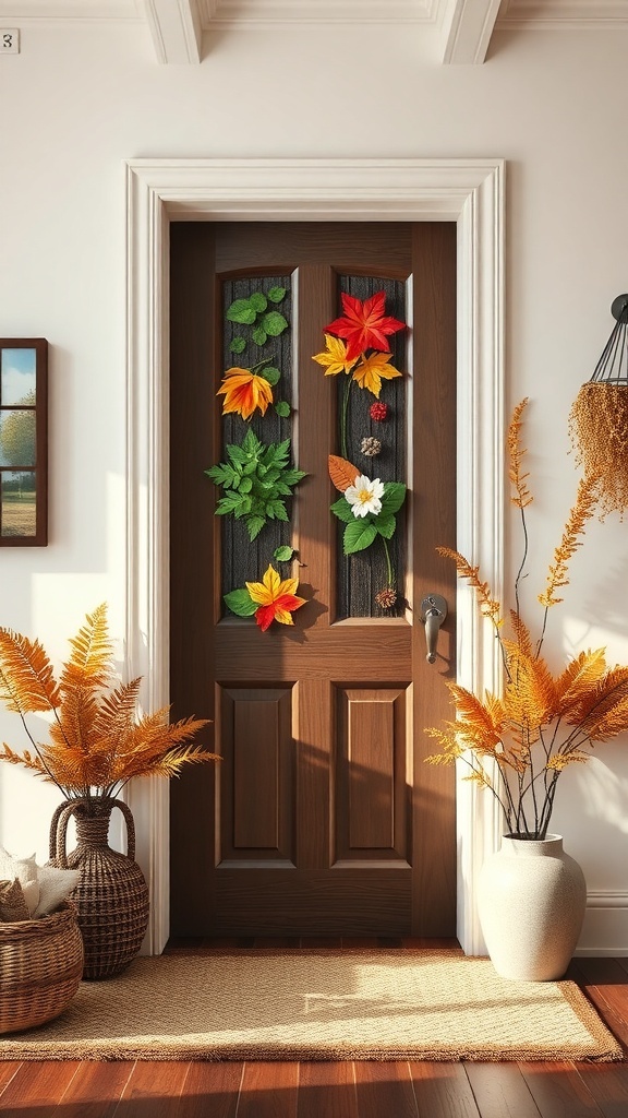 A classroom door decorated with autumn leaves and flowers, surrounded by potted plants.