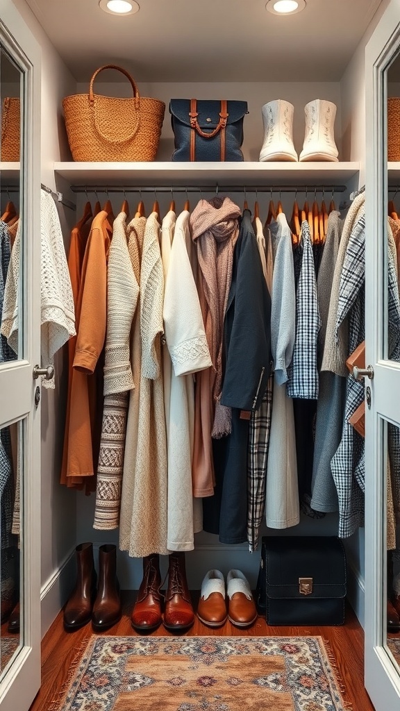 A well-organized kids' wardrobe with seasonal clothing neatly arranged on hangers and shoes displayed below.