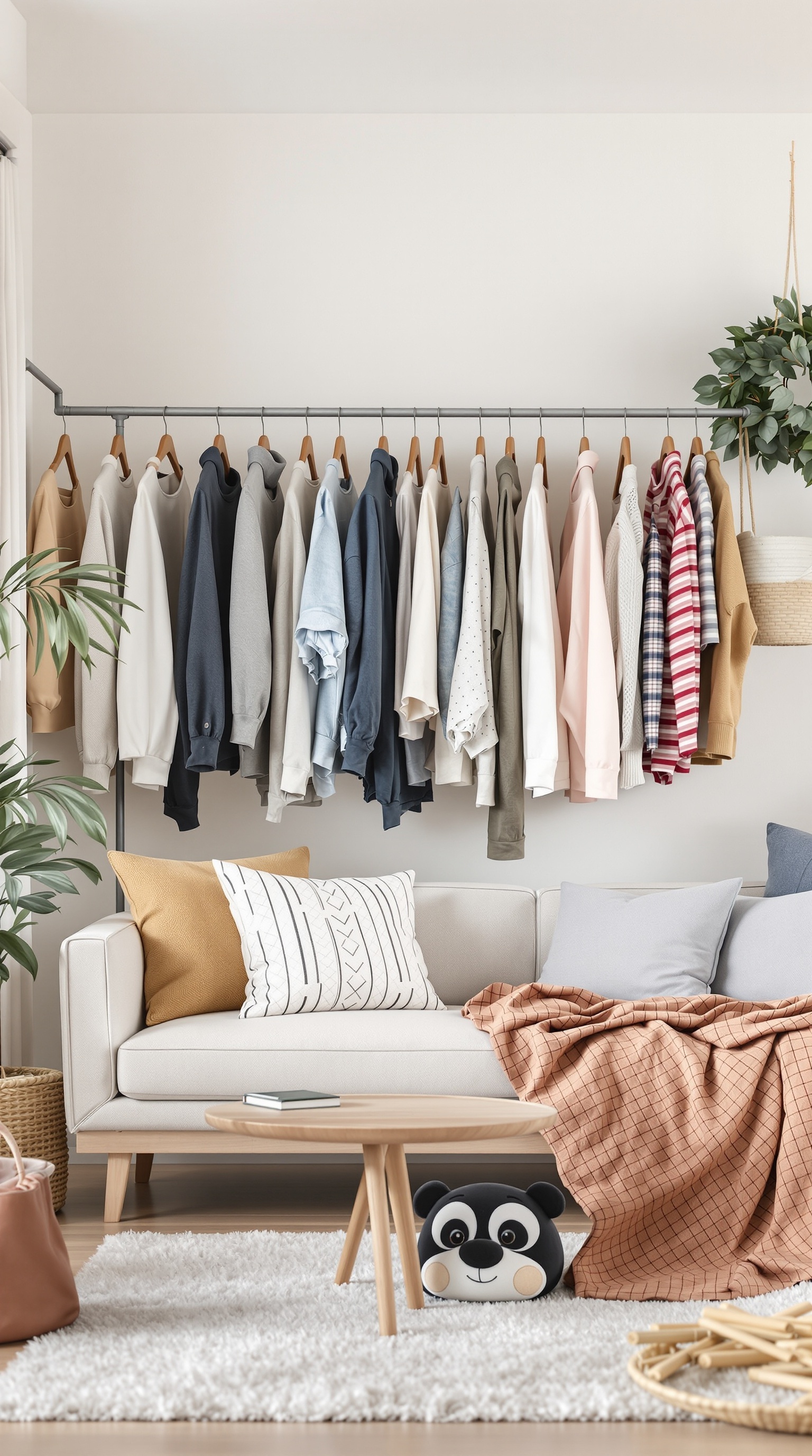 A well-organized toddler closet with seasonal clothing on a rack, featuring a cozy living space.