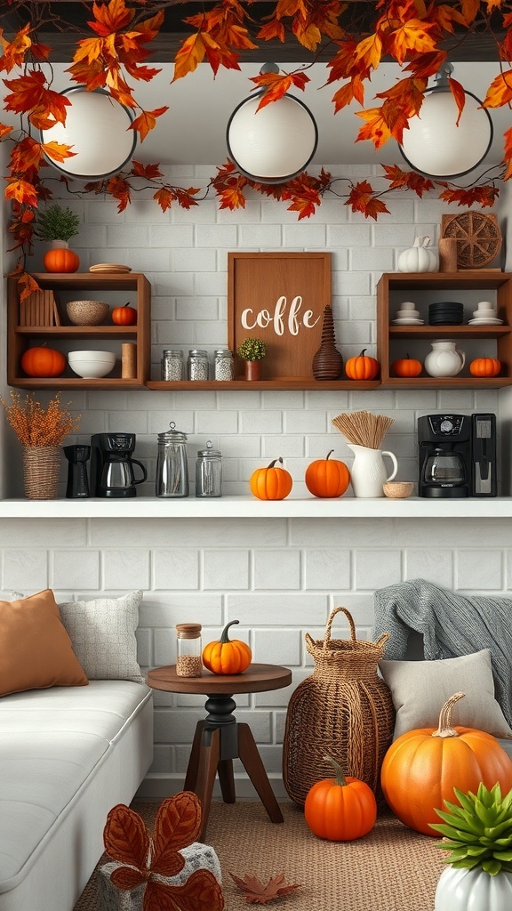 A cozy coffee bar decorated for fall with pumpkins and autumn leaves.