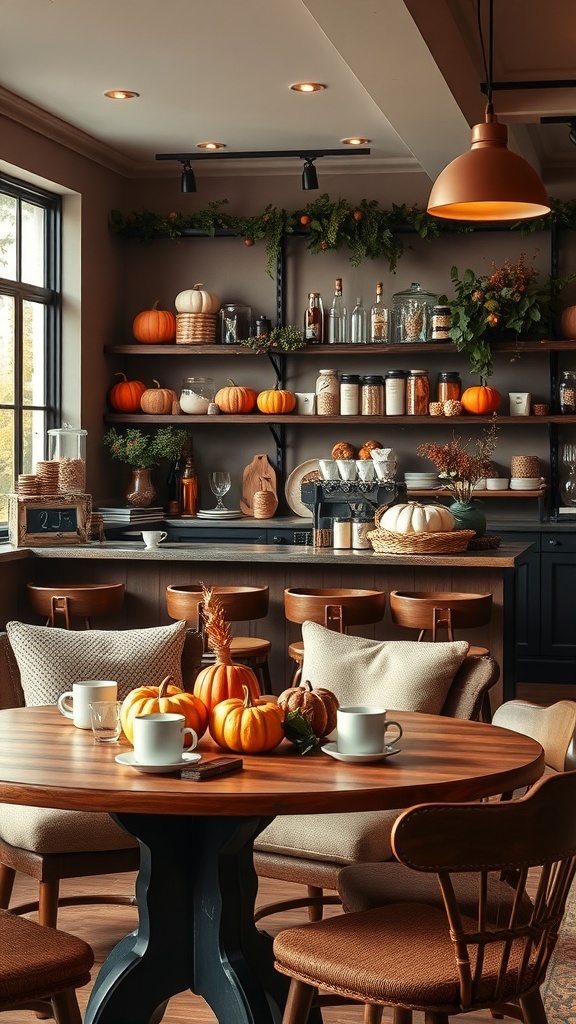 Cozy coffee bar decorated with pumpkins and autumn leaves, featuring a wooden table and comfortable seating.