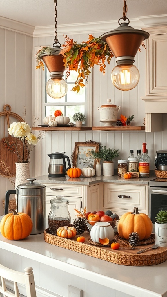 A cozy kitchen counter decorated for autumn with pumpkins, coffee supplies, and warm lighting.