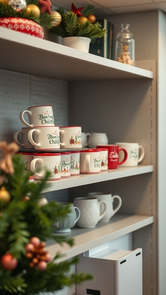 A collection of festive coffee mugs displayed on a shelf with holiday decorations.