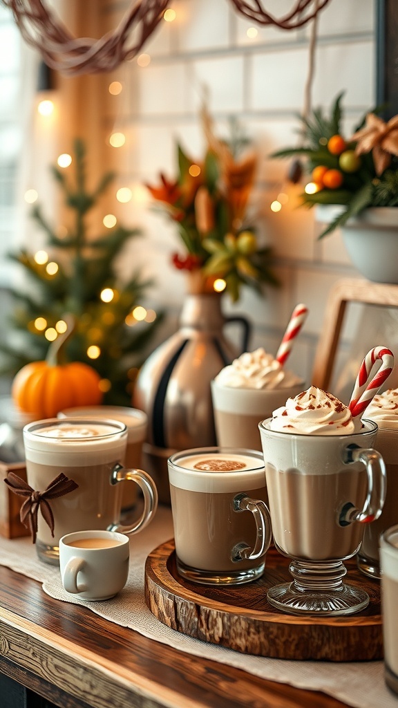 A beautifully arranged coffee bar featuring seasonal coffee drinks, decorated with autumn elements and festive lights.