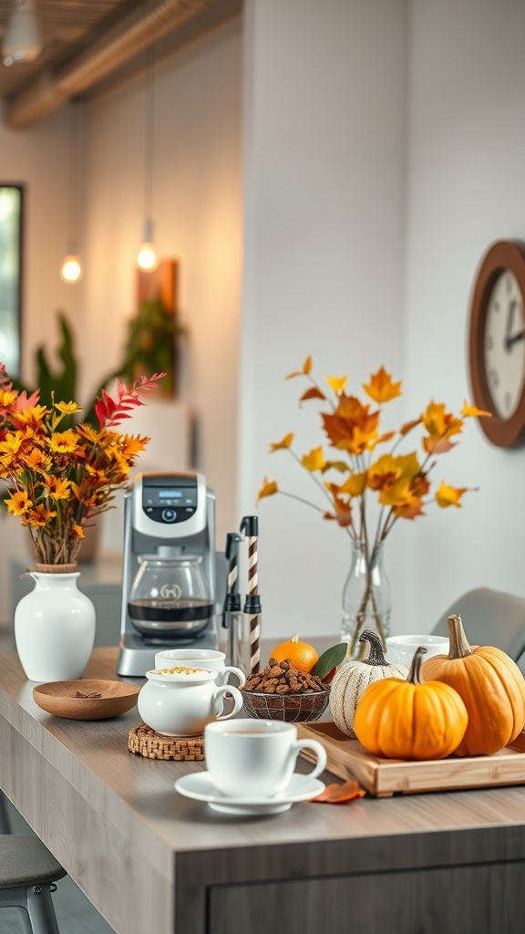 A cozy coffee station decorated for fall with pumpkins, autumn leaves, and coffee accessories.