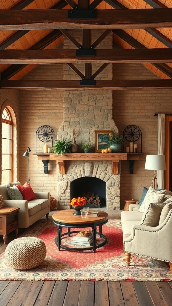 Cozy rustic living room with wooden beams, stone fireplace, and warm color palette